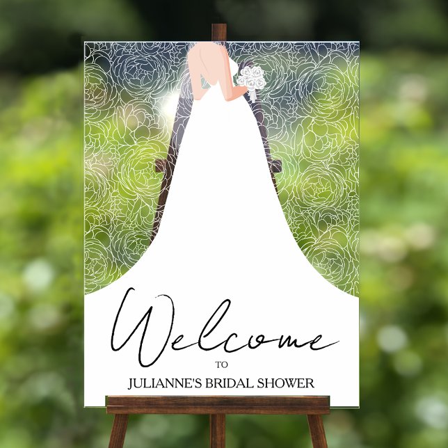 Señal Acrílica Boda vestido y Rosas ducha de novia (Bride in her wedding gown with white rose pattern background  bridal shower acrylic welcome sign)