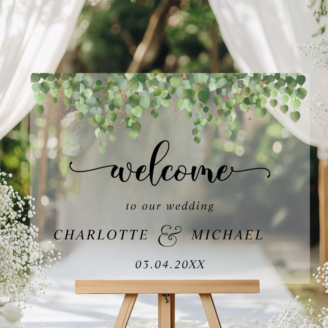 Señal Acrílica Bodas de Eucalyptus (Eucalyptus Weddings Acrylic "Welcome" Sign, white transparent, with your names & date.)