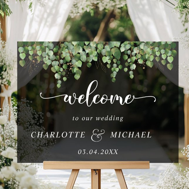Señal Acrílica Bodas de Eucalyptus (Eucalyptus Weddings Acrylic "Welcome" Sign, black transparent, with your names & date.)