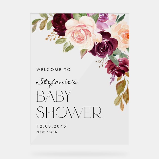 Señal Acrílica Boho Borgoña y Flores de Peach caen en Baby Shower (Anverso)