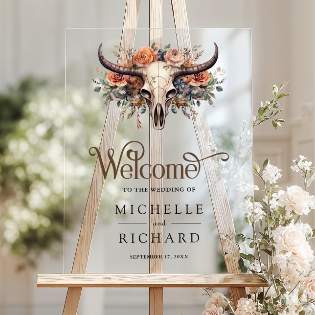 Señal Acrílica Boho Floral Cow Skull Western Wedding Welcome (Subido por el creador)