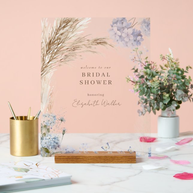 Señal Acrílica Boho Pampas Icy Blue Bridal Shower (Boda)