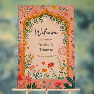 Señal Acrílica Boho Summer Pink Floral Wedding Welcome