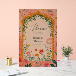 Señal Acrílica Boho Summer Pink Floral Wedding Welcome
