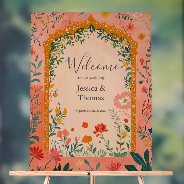 Señal Acrílica Boho Summer Pink Floral Wedding Welcome (Neutral )