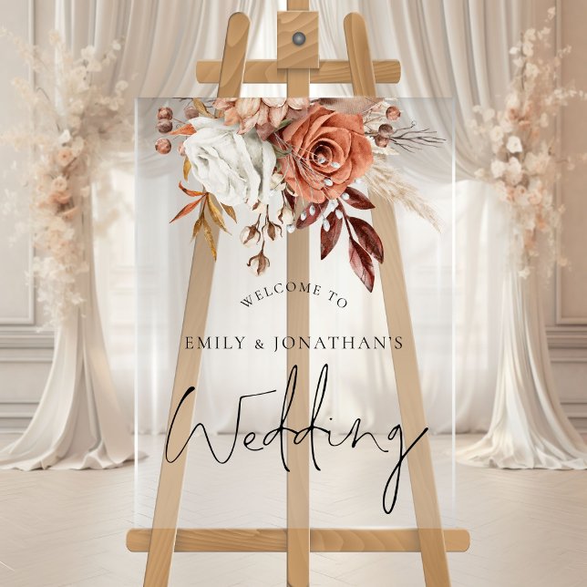 Señal Acrílica Boho Terracotta Florals Boda de bienvenida de otoñ (Subido por el creador)
