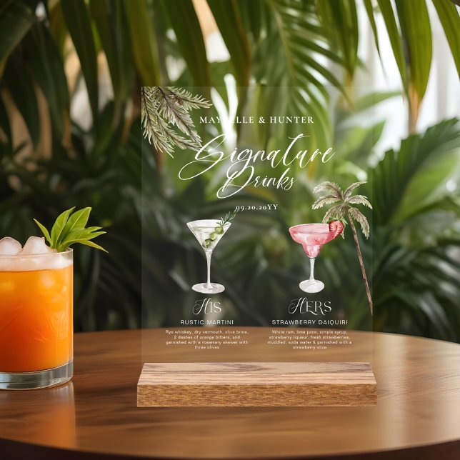 Señal Acrílica Boho Tropical Watercolor Signature Bebe Boda (Boho Tropical Watercolor Signature Drinks Wedding Acrylic Sign)