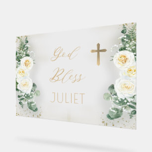 Señal Acrílica Boho WhiteRose Floral Eucalyptus Bautismo Dios ben
