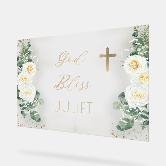 Señal Acrílica Boho WhiteRose Floral Eucalyptus Bautismo Dios ben (Ángulo)