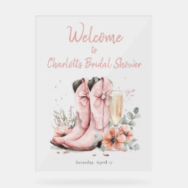 Señal Acrílica Boots rosados y ducha de novias de champán burbuje