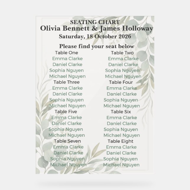 Señal Acrílica Botanical Garden Wedding Seating Chart (Anverso)