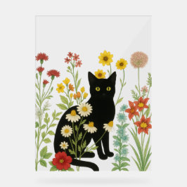 Señal Acrílica Botanical Nature – Black Cat in Wildflower Garden