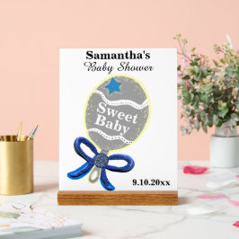 Señal Acrílica Boy Baby Shower Silver Blue Rattle