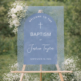 Señal Acrílica Boy Baptism Blue Arch Floral Pattern Cross Welcome