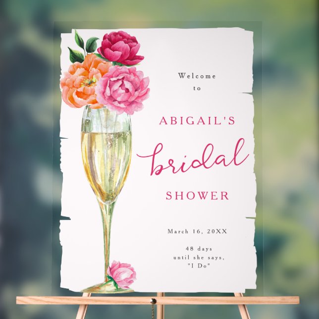 Señal Acrílica Brillante Peony Champagne Glass Bridal Ducha pinta (Neutral )