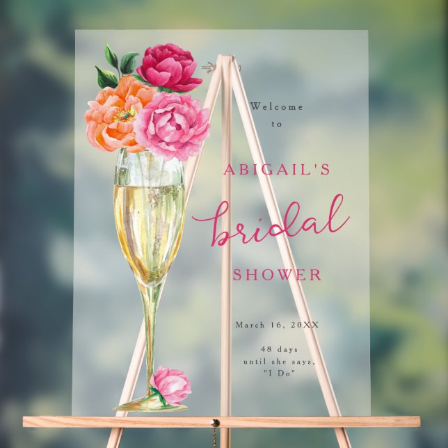 Señal Acrílica Brillante Peony Champagne Glass Bridal Shower Fros (Neutral )