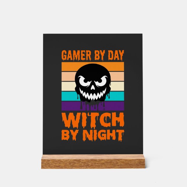 Señal Acrílica Bruja Jugadora Calavera Retro Halloween (Anverso)