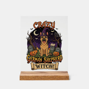 Señal Acrílica Bruja Loca Pastor Alemán Halloween Perro Calabazas