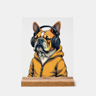 Señal Acrílica Bulldog Antiguo con Auriculares con Capucha Música