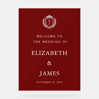 Señal Acrílica Burgundy Crest Wedding Welcome, Custom Initials