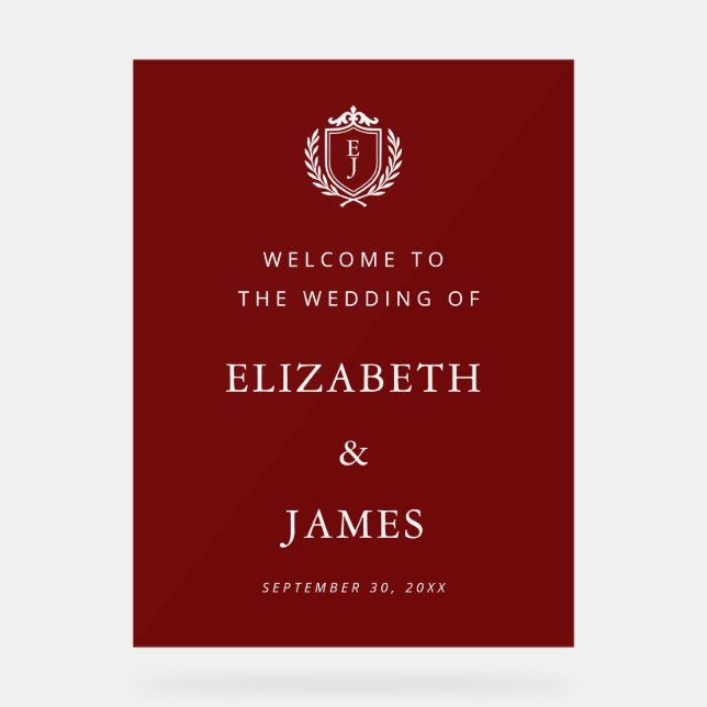 Señal Acrílica Burgundy Crest Wedding Welcome, Custom Initials (Anverso)