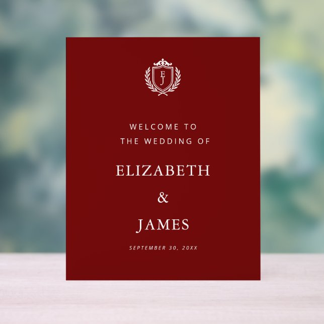 Señal Acrílica Burgundy Crest Wedding Welcome, Custom Initials (Neutral )