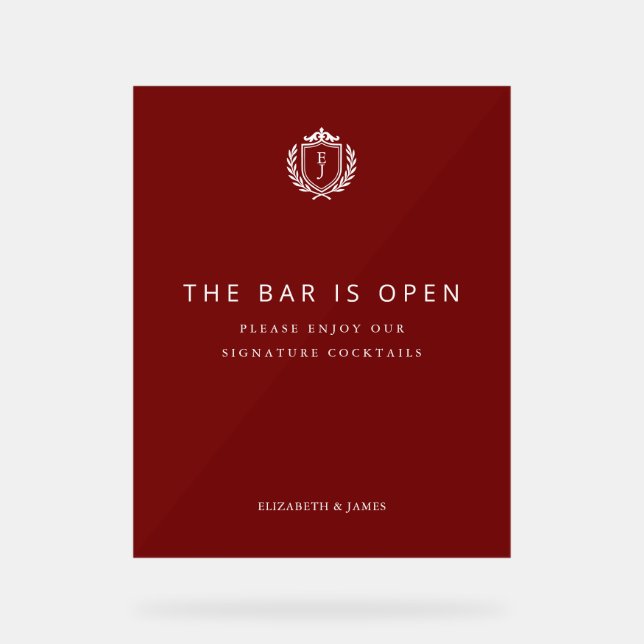 Señal Acrílica Burgundy Crest Wedding Welcome, Custom Initials (Anverso)