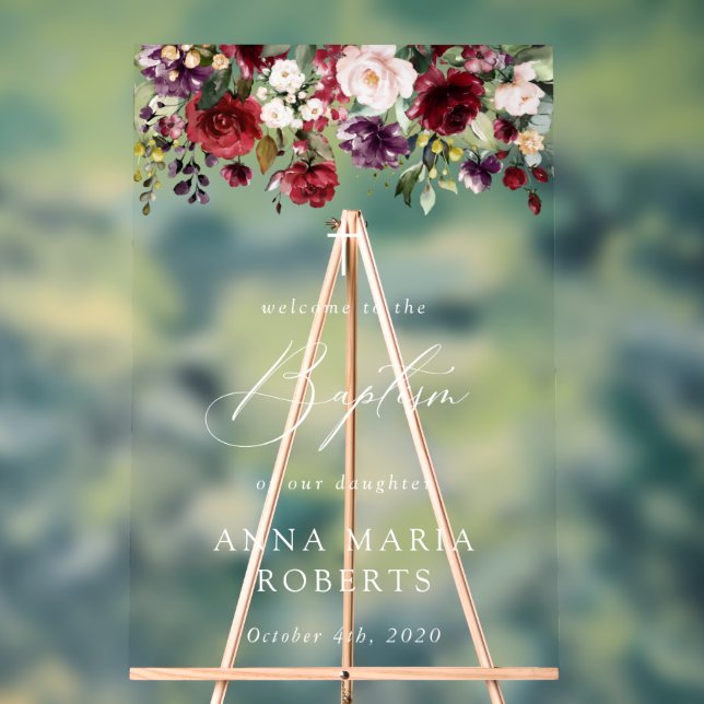 Señal Acrílica Burgundy Flowers, Pink Flowers, Baptism Welcome (Neutral )