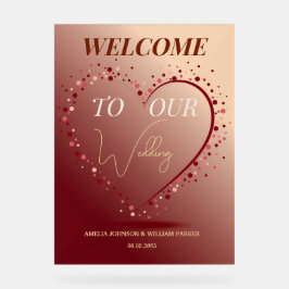 Señal Acrílica Burgundy Rose Gold Heart Confetti Wedding Welcome