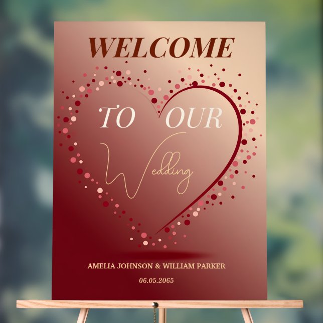 Señal Acrílica Burgundy Rose Gold Heart Confetti Wedding Welcome (Neutral )