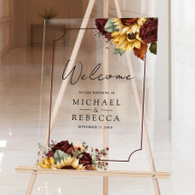 Burgundy Roses Sunflowers Wedding Welcome