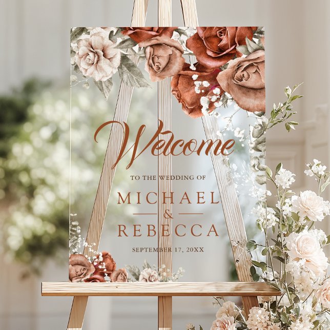 Señal Acrílica Burnt Boho Terracotta Floral Wedding Welcome (Subido por el creador)