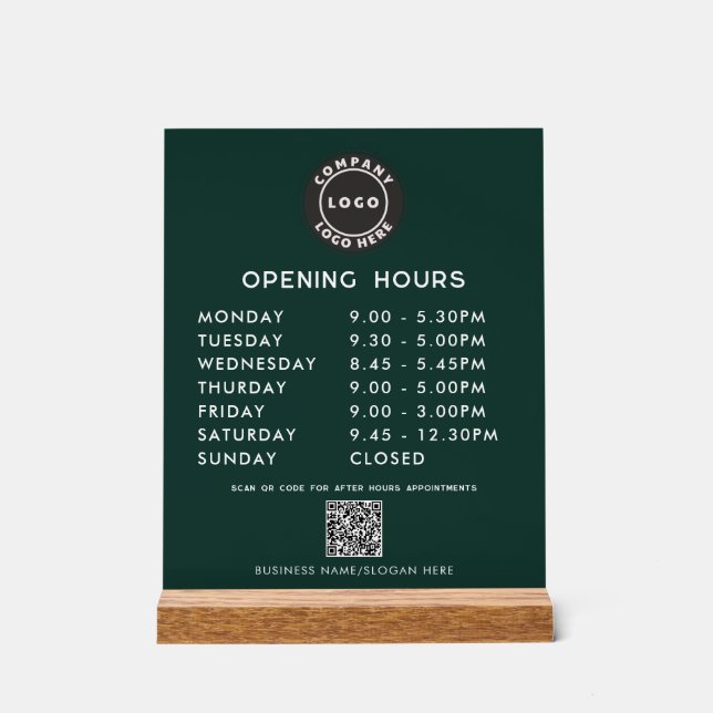 Señal Acrílica Business Logo QR Code Opening Hours Green (Anverso)
