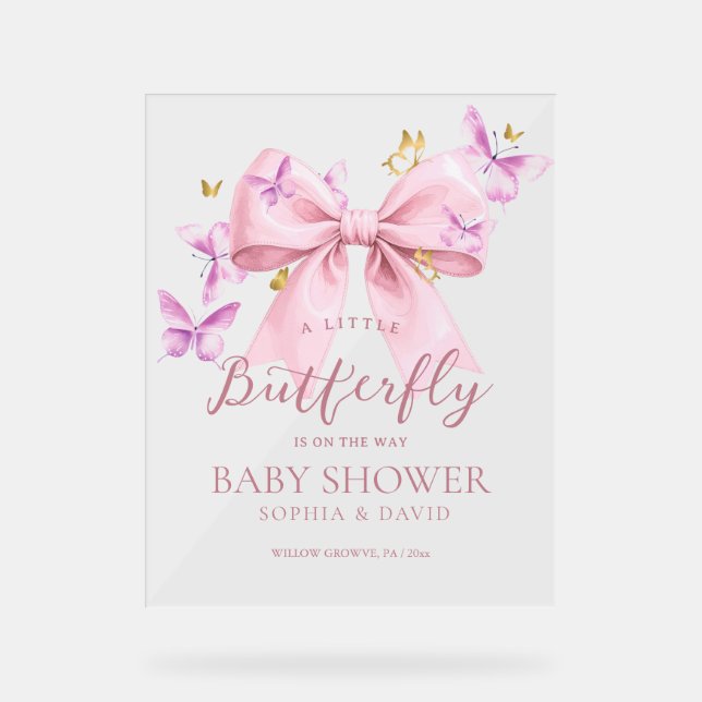 Señal Acrílica Butterfly Pink Bow Baby Shower Welcome Sign (Anverso)