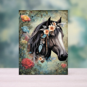 Señal Acrílica Caballo marrón en flores.