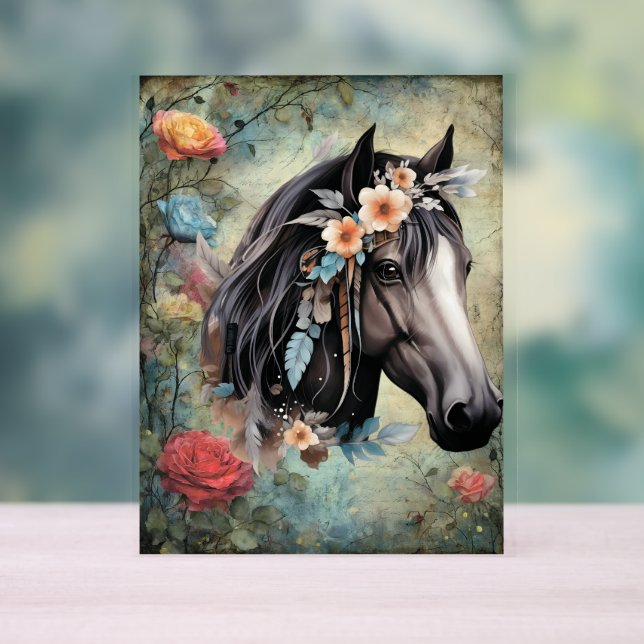 Señal Acrílica Caballo marrón en flores. (Neutral )