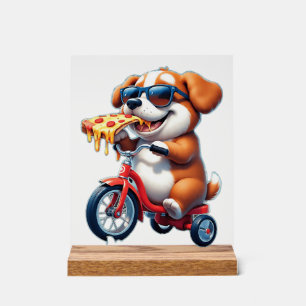 Señal Acrílica cachorro montando una bicicleta comiendo pizza