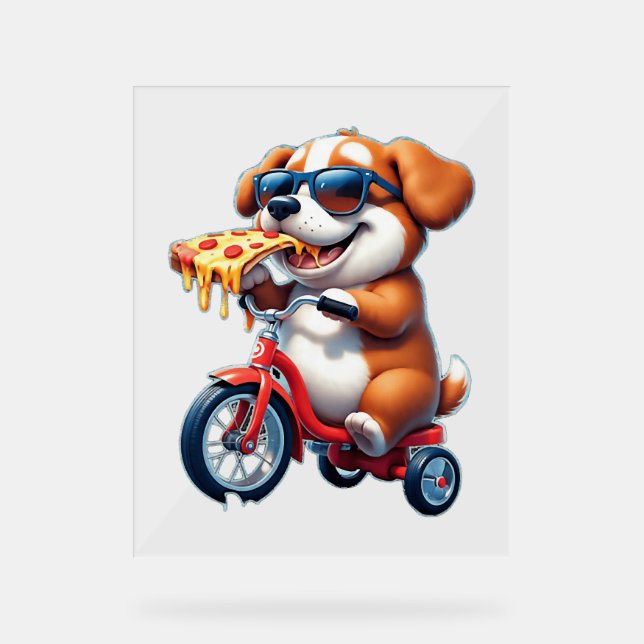 Señal Acrílica cachorro montando una bicicleta comiendo pizza (Anverso)