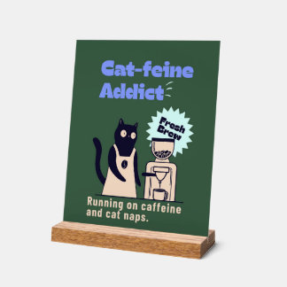 Señal Acrílica Cafeína Felina - Gato Divertido y Chiste de Café