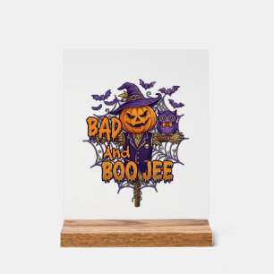 Señal Acrílica Calabaza Espantapájaros Búho Morado Murciélagos Ma