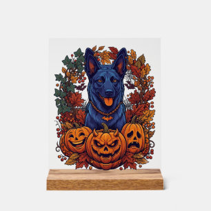 Señal Acrílica Calabazas de Halloween Pitbull Azul Hojas de Otoño