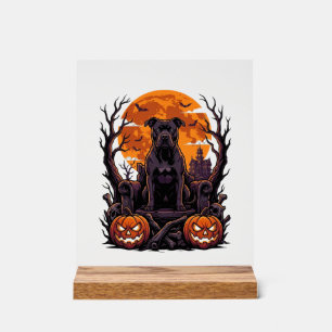 Señal Acrílica Calabazas Trono Pitbull Negro Halloween Luna Llena