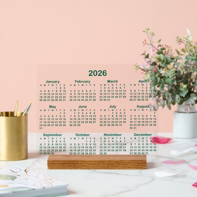 Señal Acrílica Calendario Verde minimalista de Hunter 2026 (Boda)