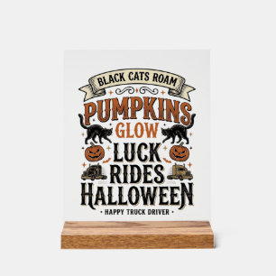 Señal Acrílica Camiseta de camionero de Halloween con gatos negro