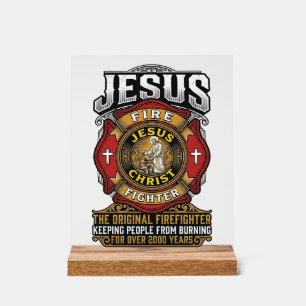 Señal Acrílica Camiseta de fe cristiana vintage bombero Jesús