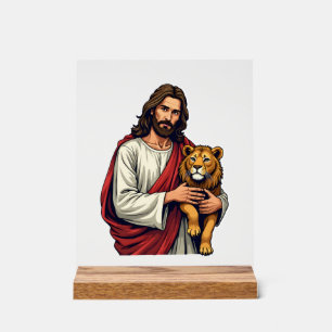 Señal Acrílica Camiseta De Fe Grabada León Y Cordero Jesús 2
