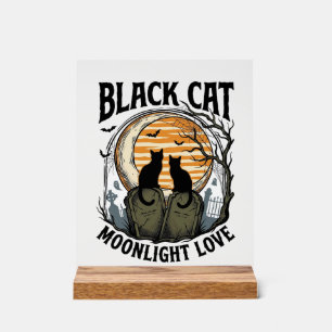 Señal Acrílica Camiseta de Halloween de Gato Negro Vintage Luna C