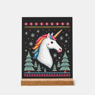 Señal Acrílica Camiseta de unicornio tejido con tema de Navidad (