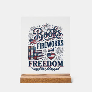 Señal Acrílica Camiseta Lector Patriótico Libros Fuegos Artificia