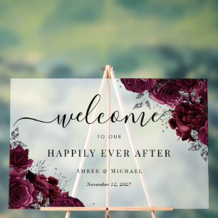 Señal Acrílica Cartel de Acrílico de Boda Burgundy Happily Ever A